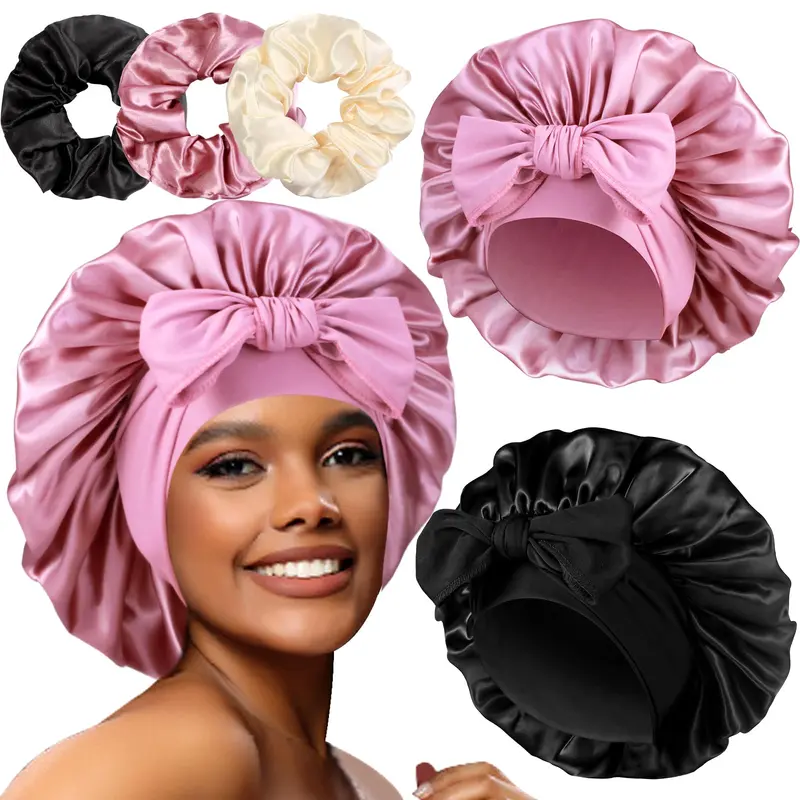 Heniho – 2+3 Bonnets Satin Larges avec Scrunchies pour Femmes — Cheveux Bouclés et Tresses