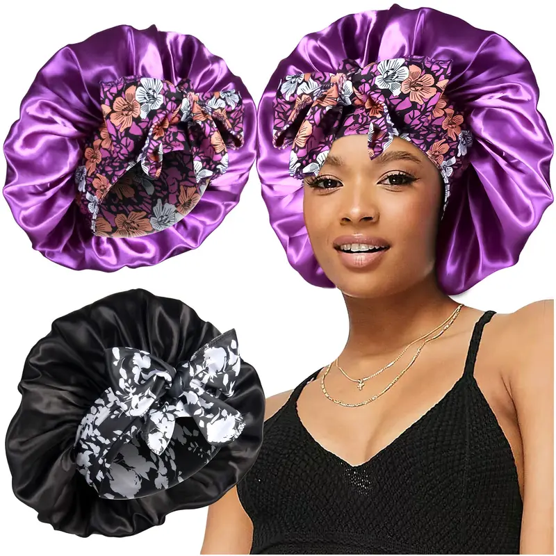 Heniho – 2 Bonnets Satinés Grande Taille avec Lien et Nœud pour Cheveux Bouclés