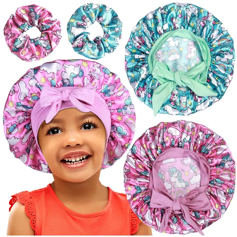 Heniho – Bonnets Satin pour Enfants 2+2 avec Bandes Élastiques Satinées | Confort Nocturne et Soin des Cheveux
