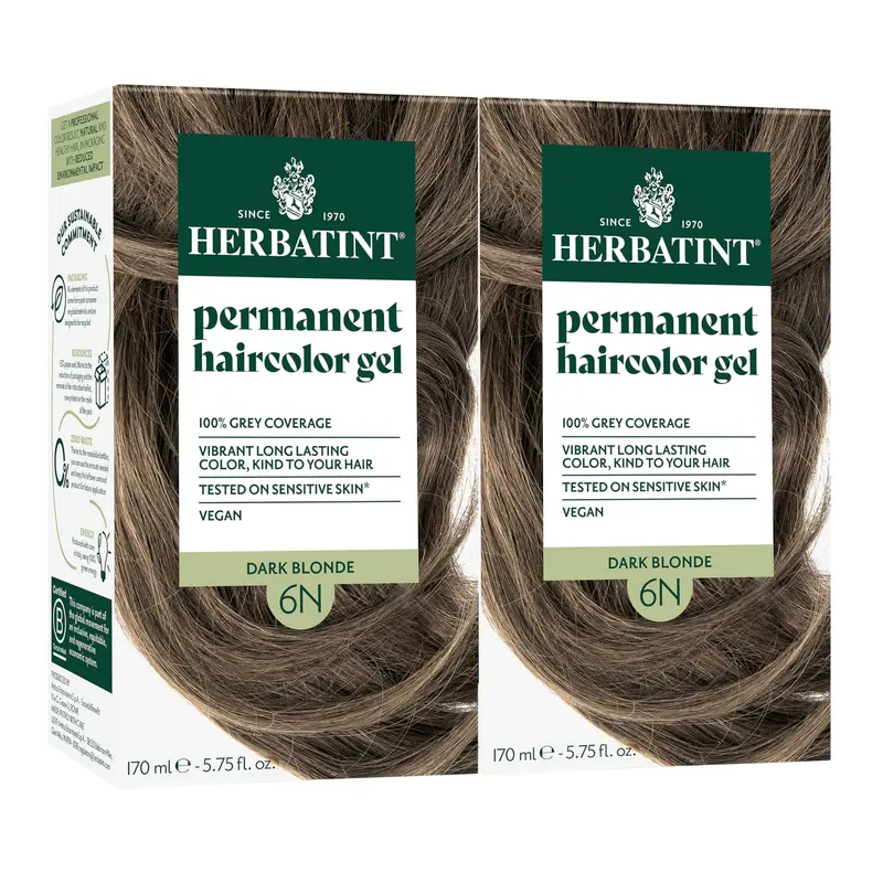 Herbatint Coloration Permanente 6N Blond Foncé – Couverture Gris 100%, Sans Ammoniaque, Végan – Lot de 2 × 5,75 fl oz