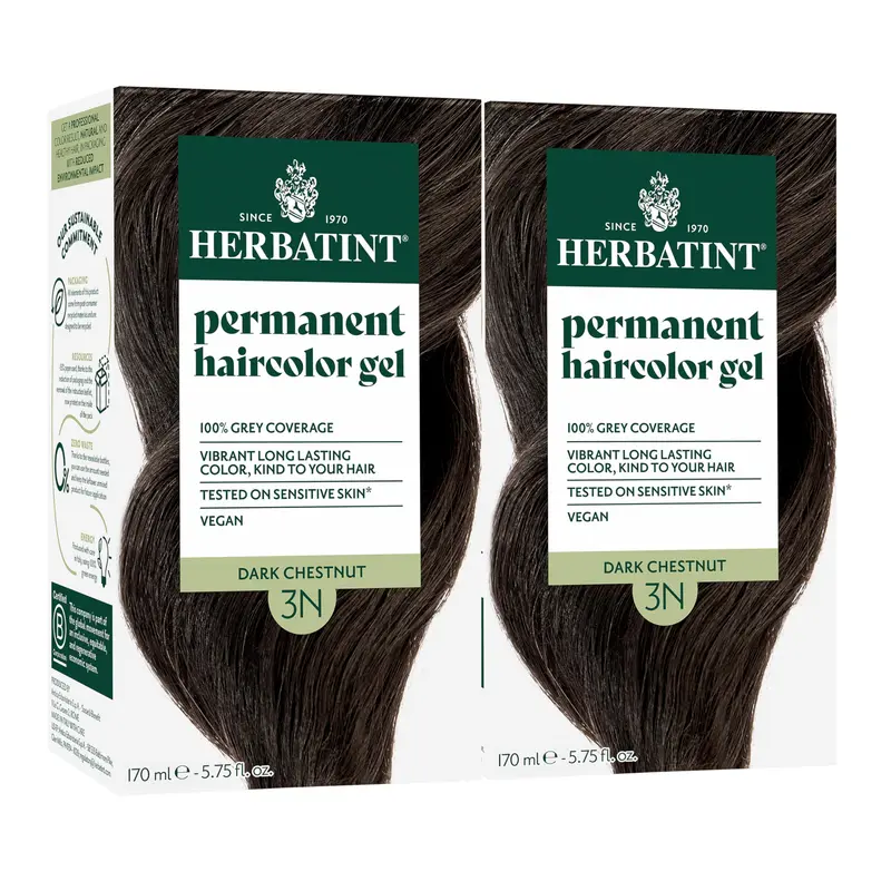 Herbatint Teinture Permanente 3N Châtain Foncé – Couverture Gris Résistant à 100 %, Sans Ammoniaque, Végan – Coloration Cheveux, 2 x 170 ml