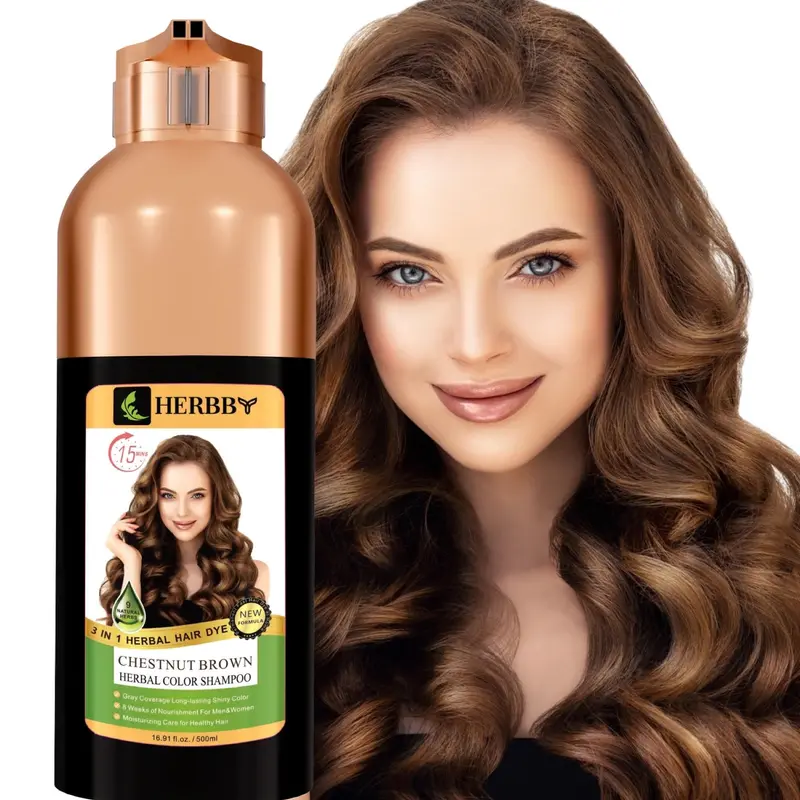 HERBBY Shampoing colorant et après-shampooing pour cheveux gris – Couverture, 9 Extraits Végétaux, Durable 6-8 sem., 500 ml (Châtain Noisette)