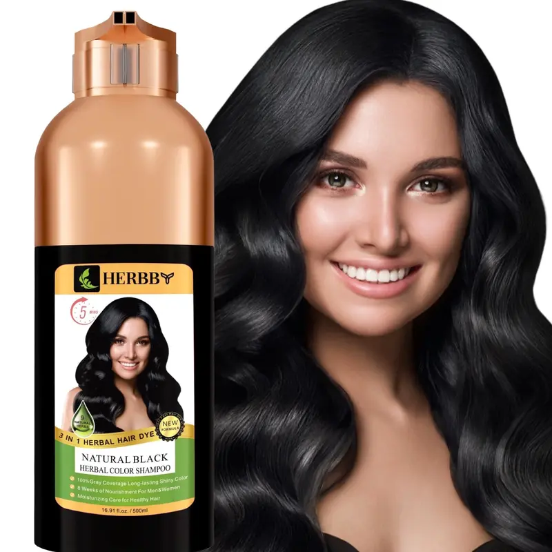 HERBBY Shampoing Colorant pour Cheveux Gris – Couverture et Transformation de Couleur, 500 ml (Noir Naturel)