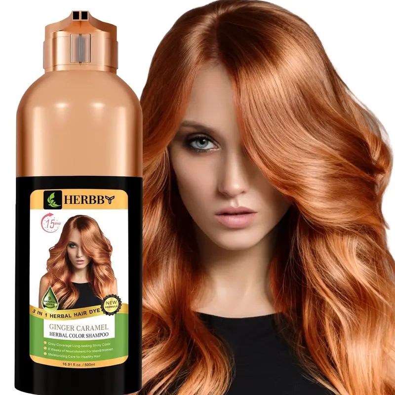 HERBBY Shampoing Coloration Cheveux Gris – Couleur Gingembre Caramel, 500 ml, 6–8 semaines