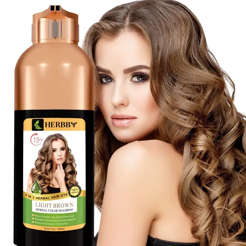 HERBBY Shampoo Coloration Cheveux Gris – Couverture et Transformation de Couleur avec 9 Extraits Végétaux, Durable 6-8 Semaines, 500 ml (Marron Clair)