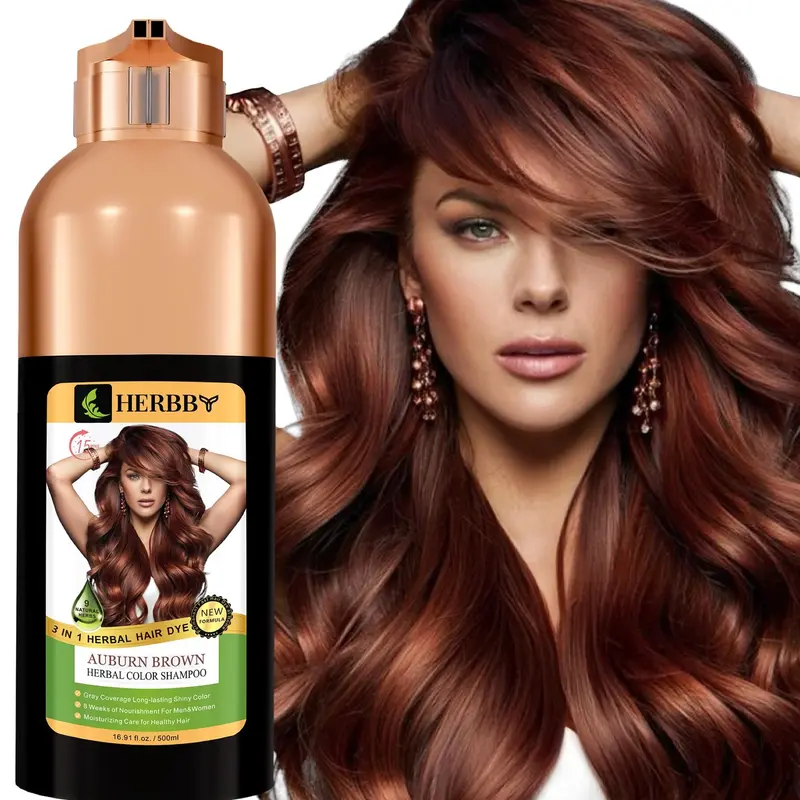 HERBBY Shampooing Coloration Cheveux Gris – Auburn Brun, 9 Extraits Végétaux, 500 ml