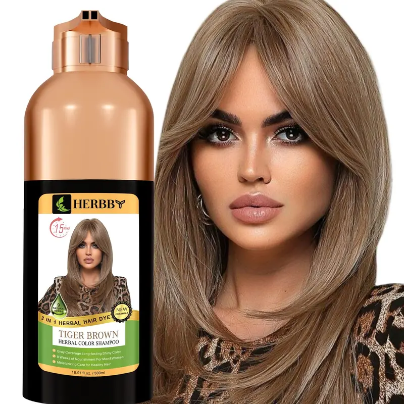 HERBBY Shampooing Coloration Cheveux Gris – Transformation & Couleur, 9 Extraits d’Herbes, Tenue 6–8 Semaines | Tiger Brown 500 ml