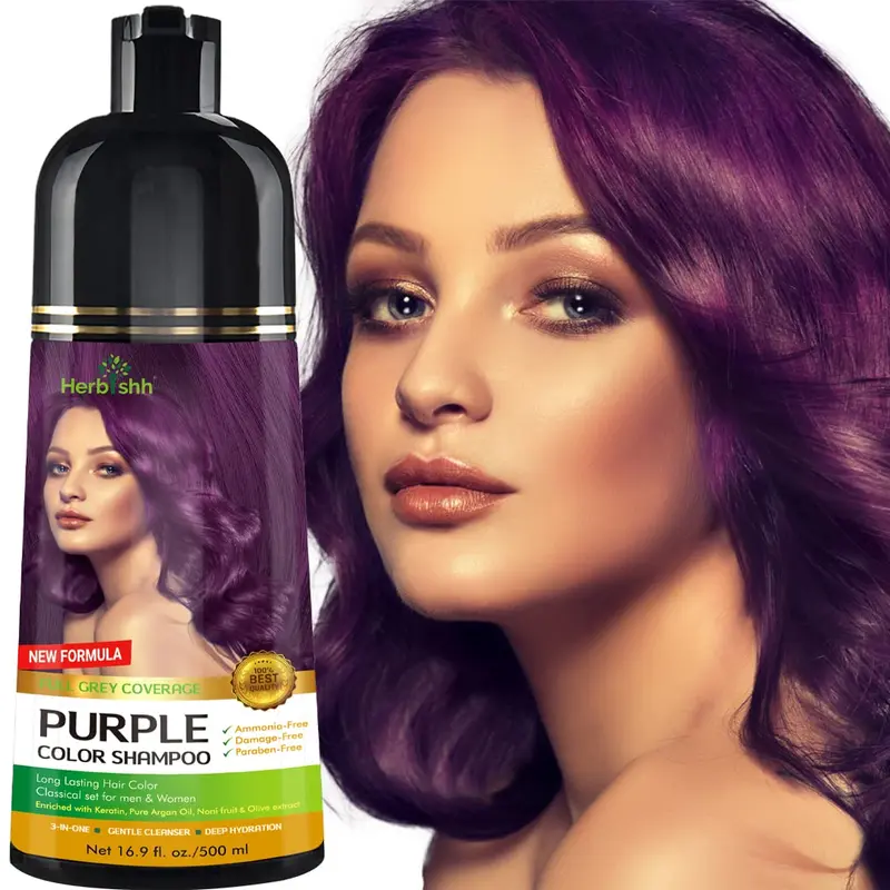 Herbishh Shampoing Colorant Magique – Colorie les Cheveux Gris en Minutes – Longue Tenue – 500 ml – 3-en-1 sans Ammoniaque (Violet)