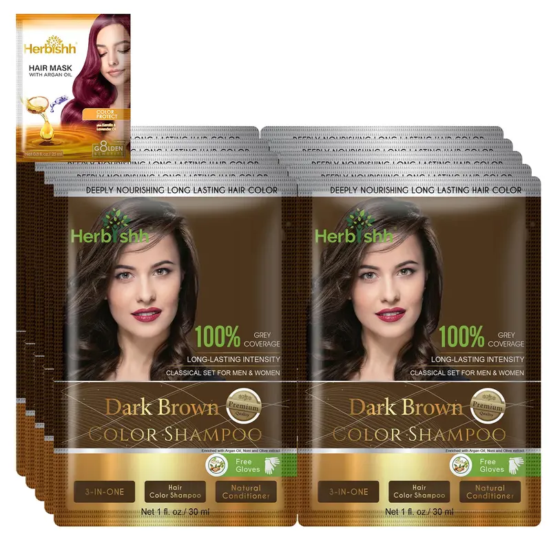 Herbishh Shampoing Colorant Naturel pour Cheveux Gris – Masque Argan, Format Voyage, Sans Ammoniaque, 10 Sachets + 1 Sachet (Brun Foncé)