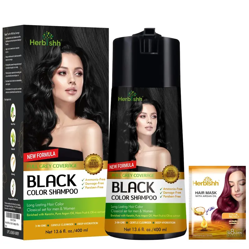 Herbishh Shampoing Coloration Cheveux Gris – Kératine & Fleur laineuse, Couverture Totale, 400 ml