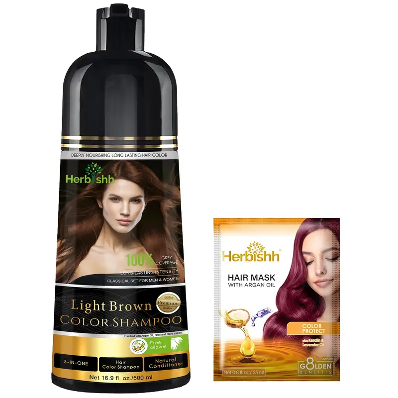 Herbishh – Shampooing colorant 3-en-1 pour cheveux gris, châtain clair, 500 ml, sans ammoniac, longue tenue