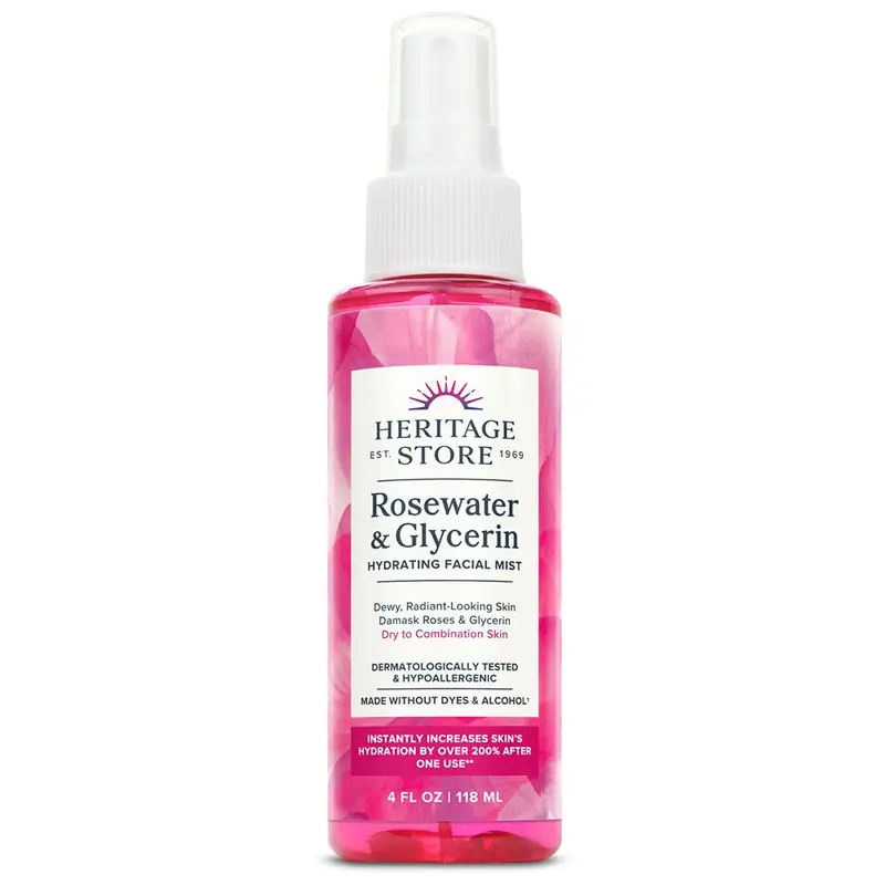 HERITAGE STORE Brume hydratante à l’eau de rose et glycérine – Soin pour peaux sèches à mixtes, sans colorants ni alcool, vegan, cruelty-free, 118 ml