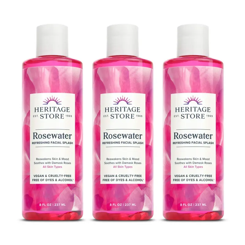 HERITAGE STORE Eau de rose – Brume rafraîchissante pour le visage à la rose damascène, sans alcool ni colorants (236 ml, lot de 3)