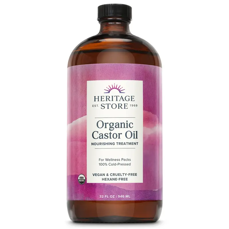HERITAGE STORE Huile de Castor Biologique – Bouteille Verre 32oz – Soin Nourrissant pour Cheveux et Peau, Cils et Sourcils – Pressée à Froid, Vegan, Sans Hexane