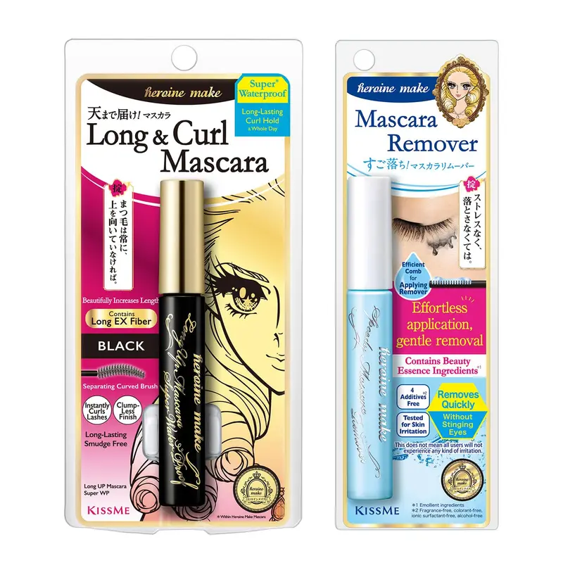 Heroine Make par KISSME Mascara imperméable noir – Volume et Longueur, Démaquillant sans huile, Fabriqué au Japon, Pack 2