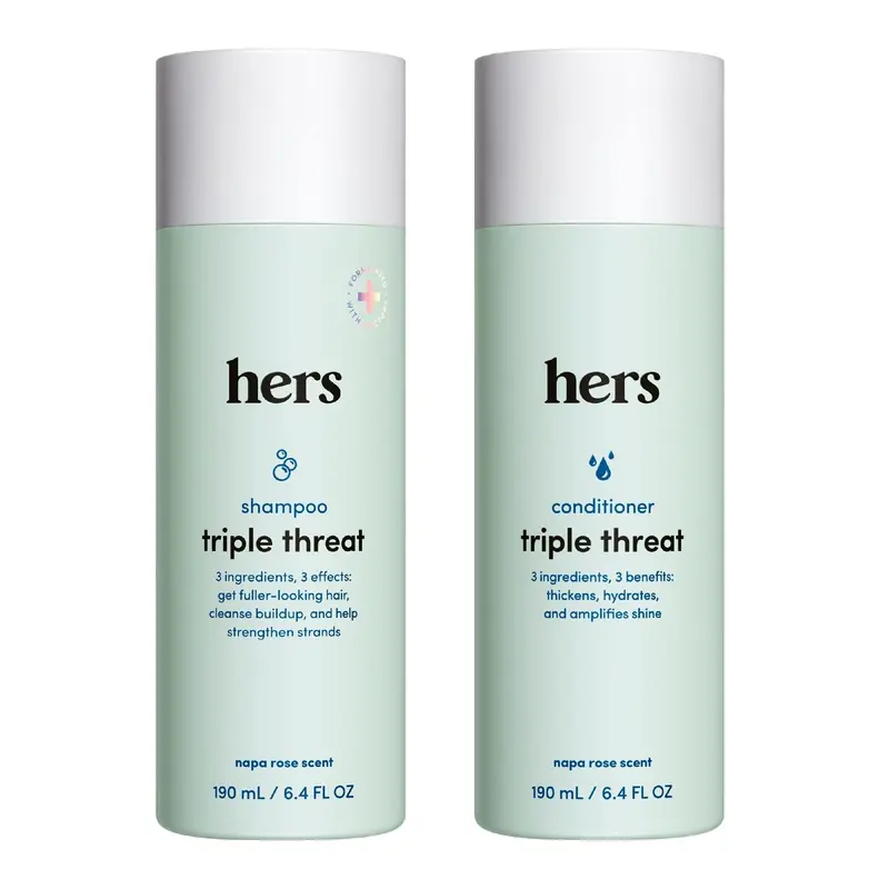 Hers Triple Threat Shampooing & Après-Shampooing – Biotine, Sabal et Huile de Pépins de Citrouille – Épaissit et Hydrate – Sans Parabènes, Vegan – Parfum Napa Rose