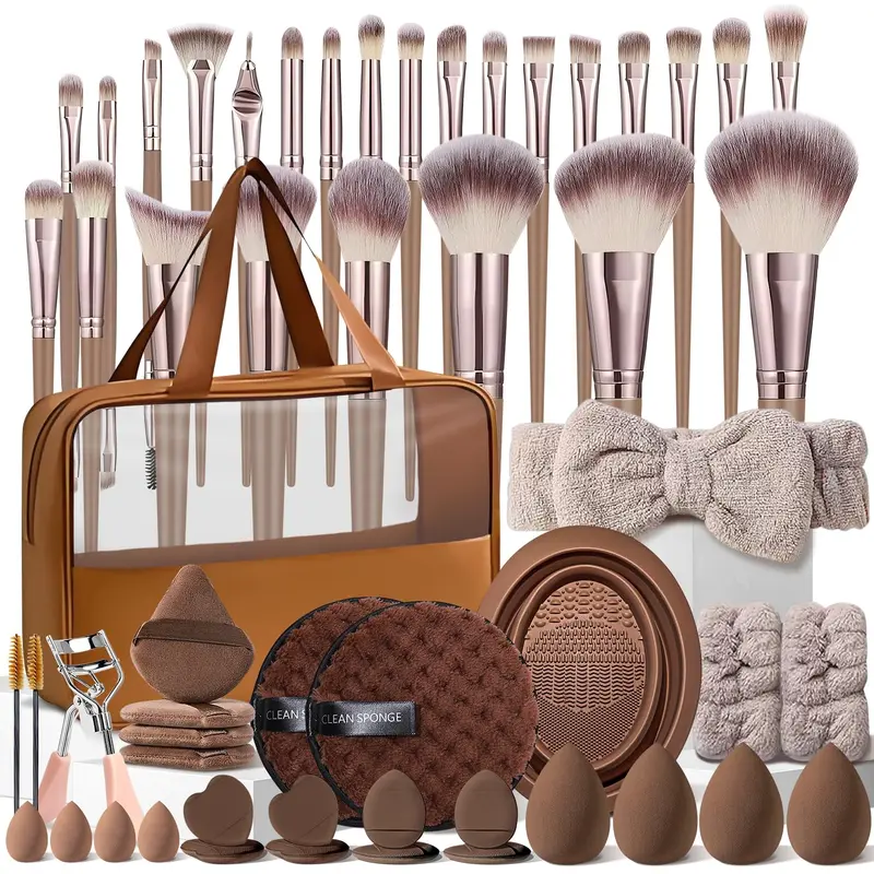 HGHDBT | Ensemble de pinceaux maquillage brun 55 pièces – kit professionnel visage et yeux
