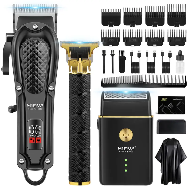 HIENA PRO Tondeuse professionnelle sans fil – Kit barbier complet avec 8 sabots et rasoir à feuille