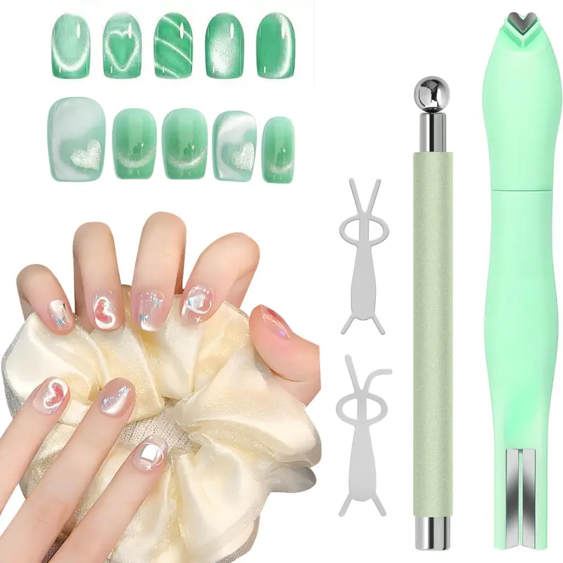 HINGTAI Kit Aimants Œil de Chat 4 Pièces – 3-en-1, Stylo Double Pointe et Gabarits Lapin pour Vernis Gel