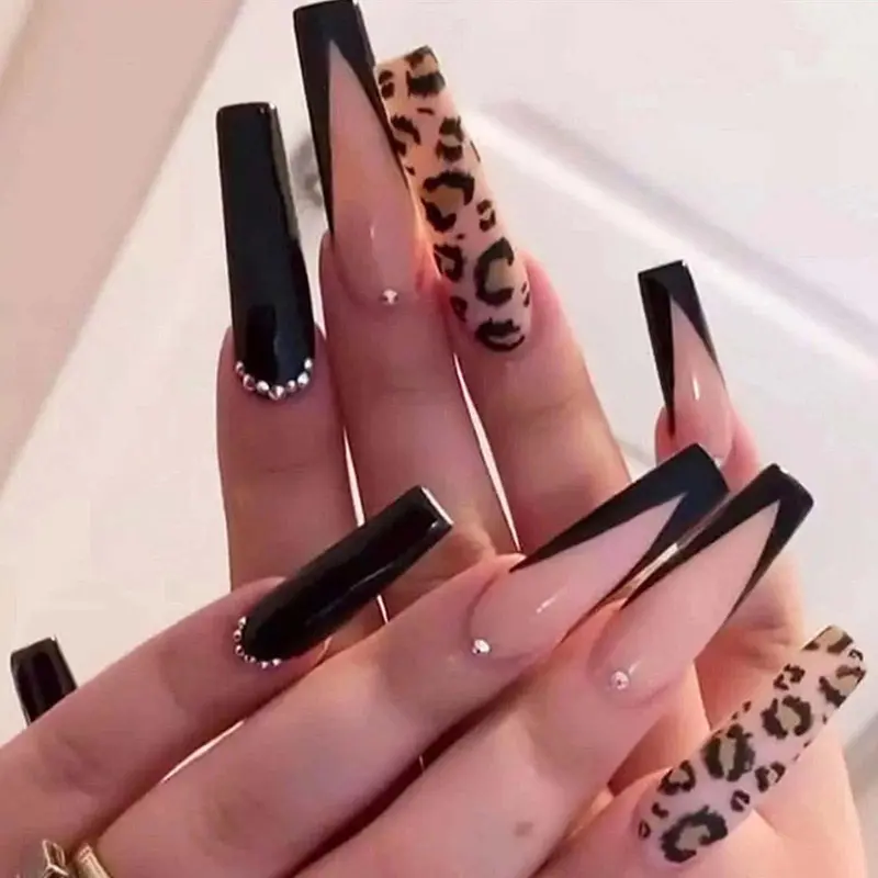 Hkanlre Ongles Forme Cercueil Longs – Style Français avec Strass et Léopard, 24 Pièces