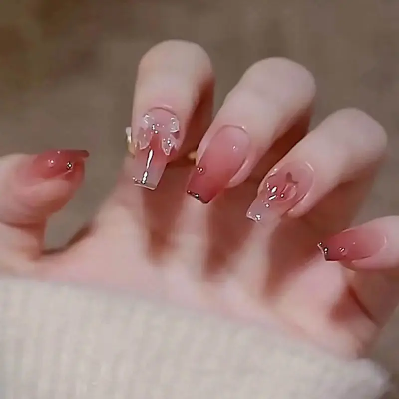 Hkanlre – Ongles pressés Rose papillon, forme coffin, dégradé – 24 pièces