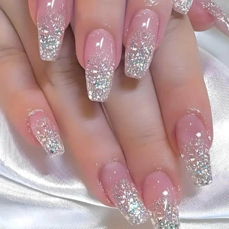 Hkanlre Ongles Prêts à Poser Longs avec Paillettes – Revêtement Complet, Lot de 24