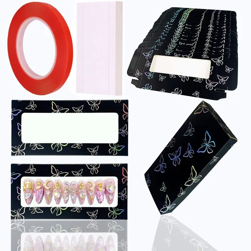 HLQHXWHZT - Ensemble 71 pièces Boîtes d'emballage pour ongles à poser, 35 boîtes papillon, 35 socles blancs et ruban double-face noir