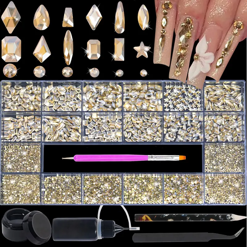HNUIX Strass Ongles Champagne Gold - 4550 pièces, Formes Multiples, Cristaux à Dos Plat, Kit et Gel de Fixation, Nail Art