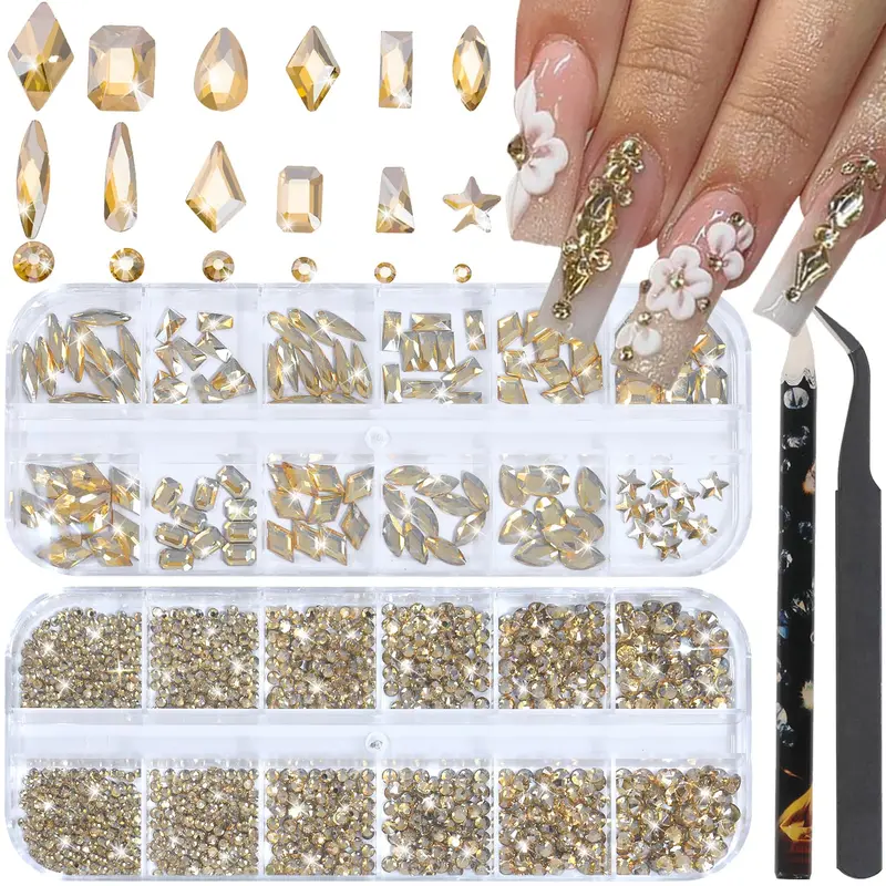 HNUIX Strass Ongles – Cristaux 3D Formes Multiples Champagne Or, Kit Nail Art & Déco DIY