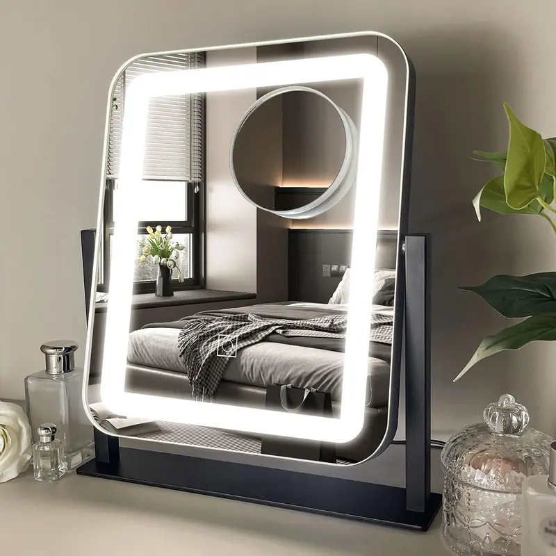 HNV Miroir Vanité avec Lumières LED – 15×13, Luminosité réglable, 3 couleurs, Rotation 360°