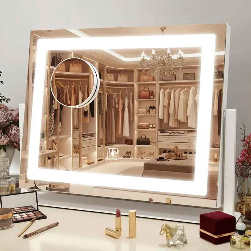 HNV Miroir Vanity 16x13 avec Lumières – Hollywood, 10x Magnification, Contrôle Tactile, LED 3 Couleurs