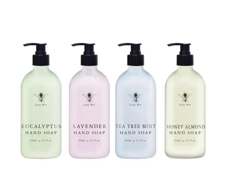 Home & Body Company Lady Bee – Coffret 4 Savons pour les Mains (21,5 oz) avec Pompe – Eucalyptus, Lavande, Tea Tree Mint, Honey Almond