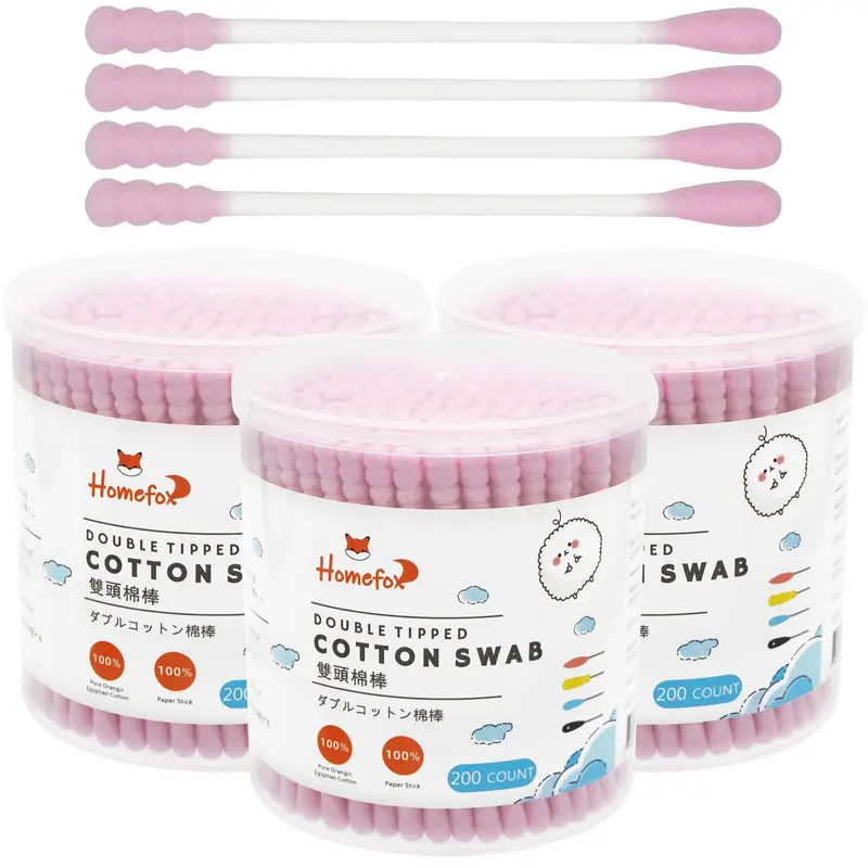 HOMEFOX Cotons-tiges Spiral Rose – 600 pièces, coton biologique et tiges en papier