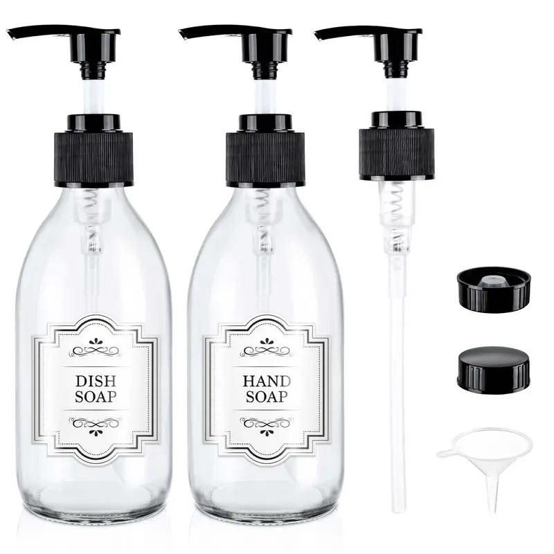 HomePicker Bouteille en Verre Clair avec Pompe 250 ml – Lot de 2 Distributeurs Réutilisables