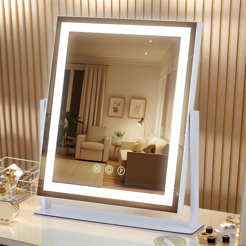 Homtang Miroir Vanité LED – 3 Modes de Lumière, Contrôle Tactile et Rotation 360° sur Bureau, 13,2 po × 11,2 po