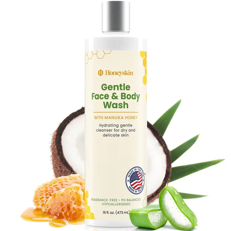 Honeyskin Gel Douche Visage et Corps – Miel de Manuka Hydratant pour Peaux Sensibles – 16 oz