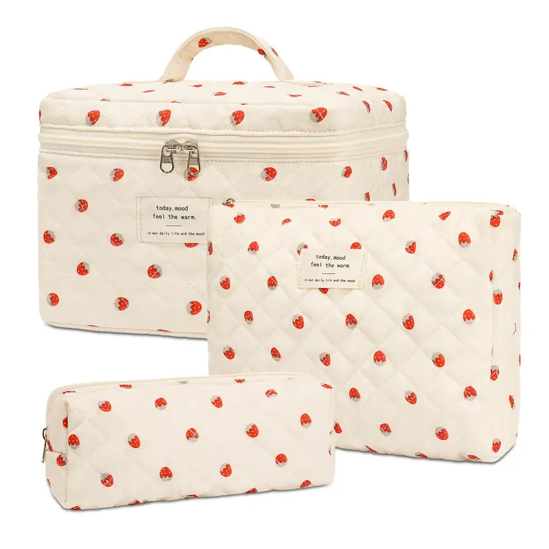 honitty Sac de Maquillage Quilté Floral – Trousse de Toilette de Voyage 3 Pièces