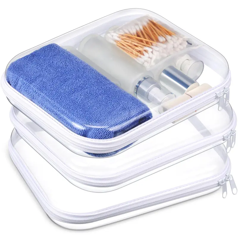 Hoolerry – Lot de 3 étuis transparents et rigides à fermeture éclair (blanc, M) – rangement voyage pour cosmétiques et accessoires