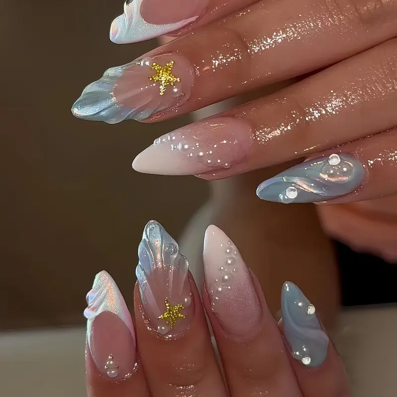 HOSAILY Ongles Press-On 3D Été – Amande, Ombre Bleu/Blanc avec Coquillage et Perles, Kit Complet 24 Pièces