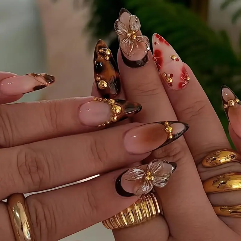 HOSAILY Ongles Press-On Amende 3D Brun Doré avec Fleurs – Design Léopard Tortue, 24 Pièces