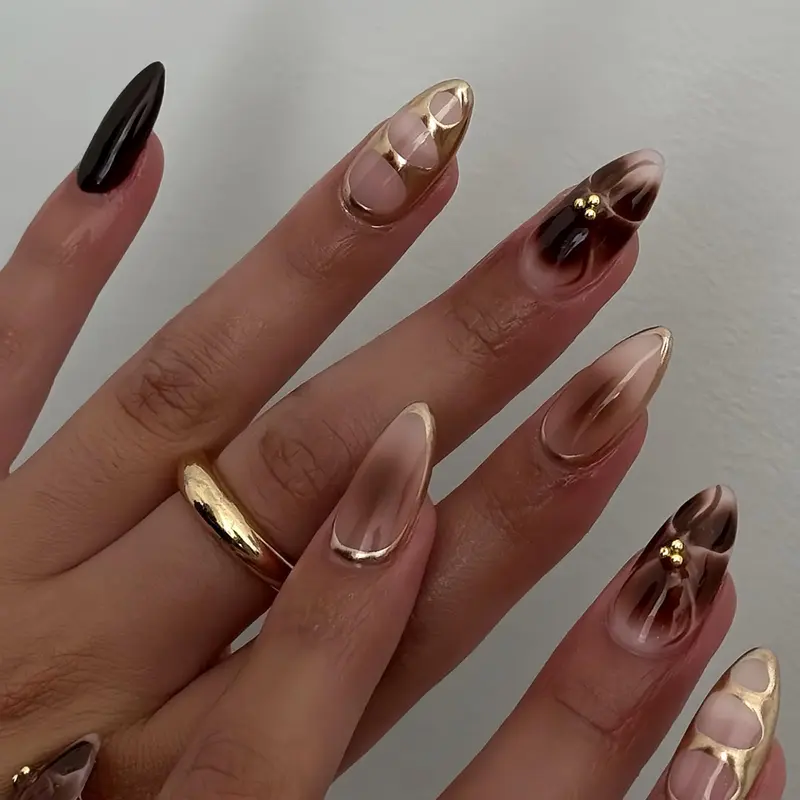 HOSAILY Ongles Press-On Ombre Fleur Marron — 24 Pièces, Effet Miroir Doré
