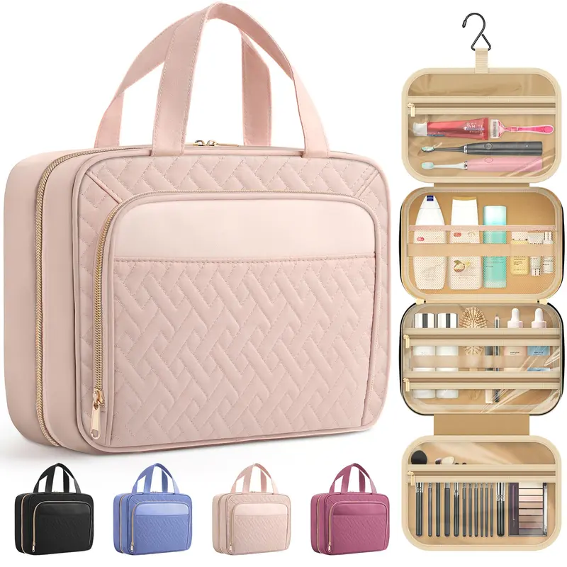 HOTOR Trousse de Toilette Voyage – Étanche, Crochet et Poches, Rose Pâle, 12,6 x 4,3 x 9,9 pouces