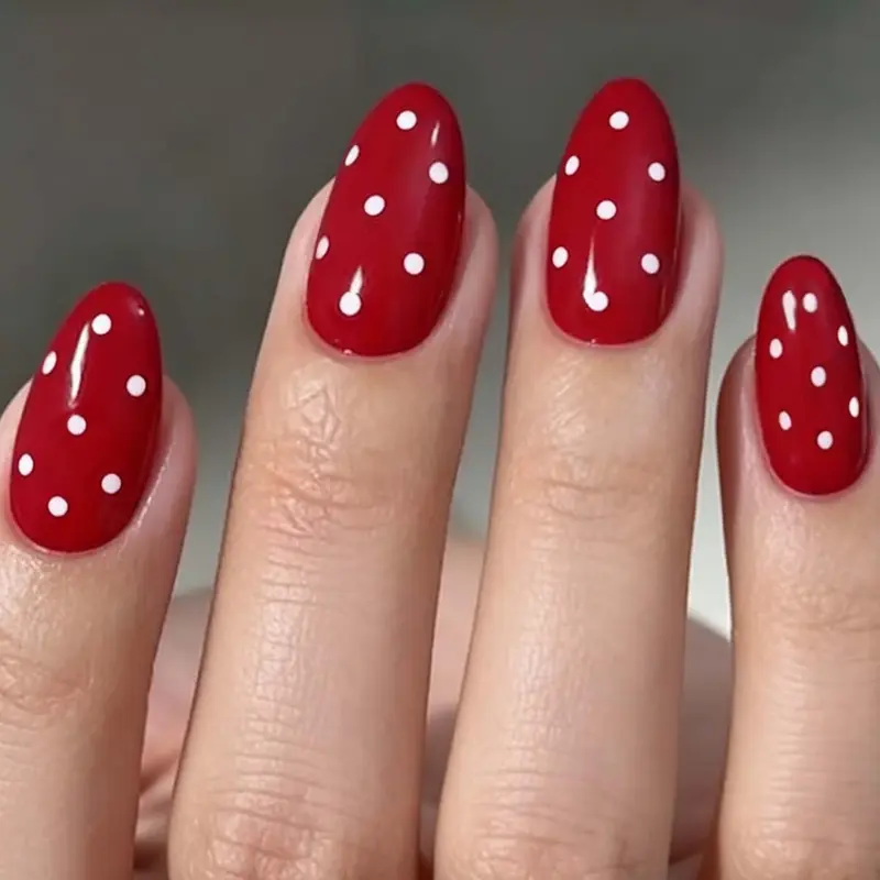 HPYFOI Ongles adhesifs rouges amande pois – 24 pièces réutilisables