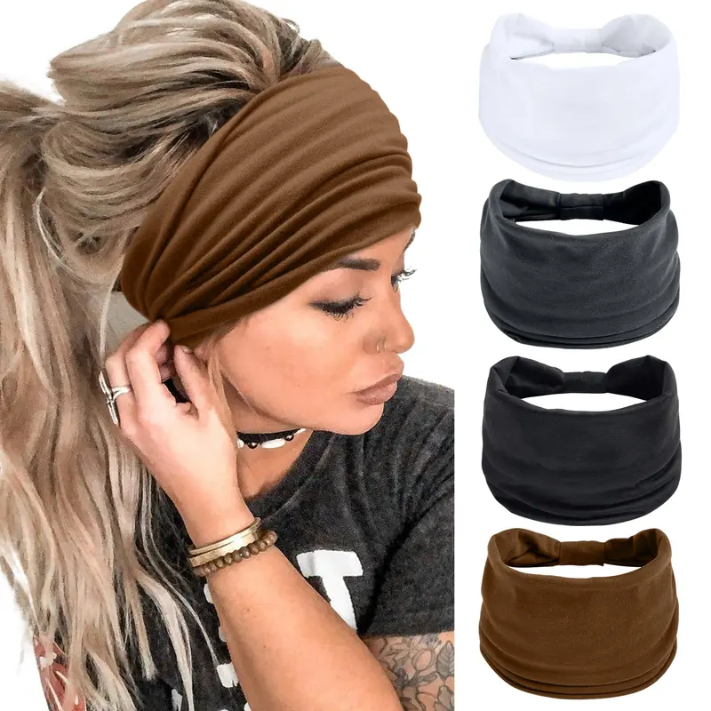 Huachi Bandeaux Large pour Femmes – Pack 4 (Noir, Blanc, Gris Foncé, Brun) | Style Boho et Sport