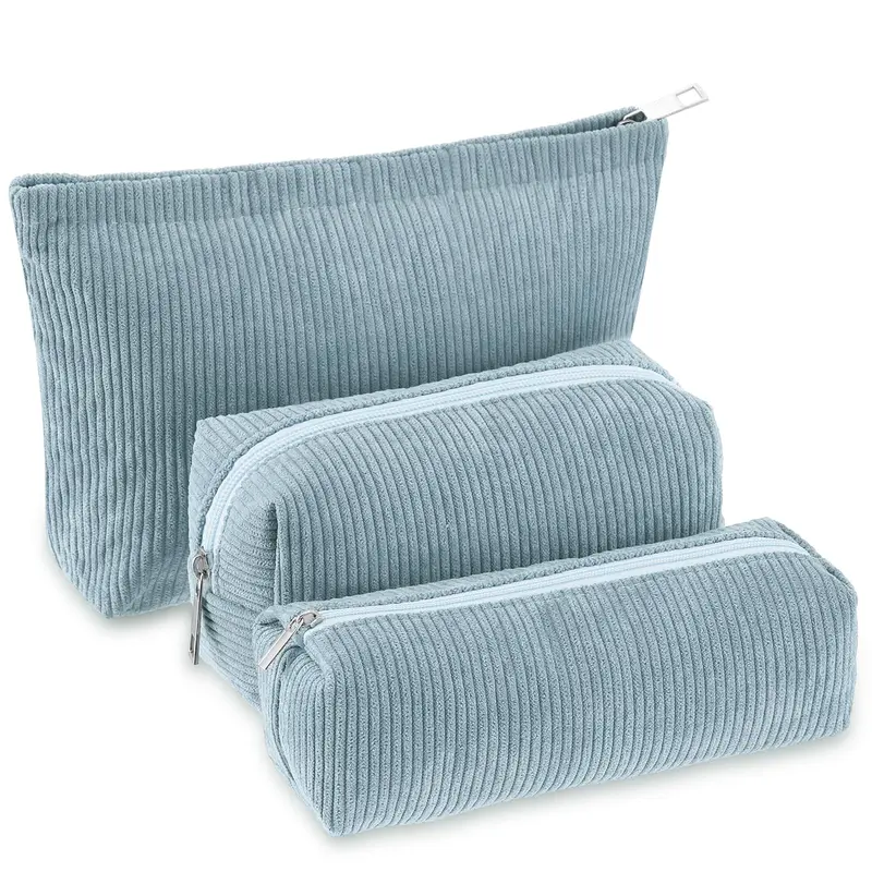 Huhumy — Lot de 3 trousses de maquillage en velours corduroy bleu | Pochettes de voyage élégantes