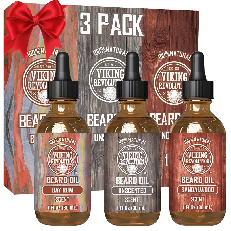 Huile Barbe Viking Revolution – Coffret 3 Huiles Naturelles 1oz (Santal, Sans Parfum, Bay Rum)