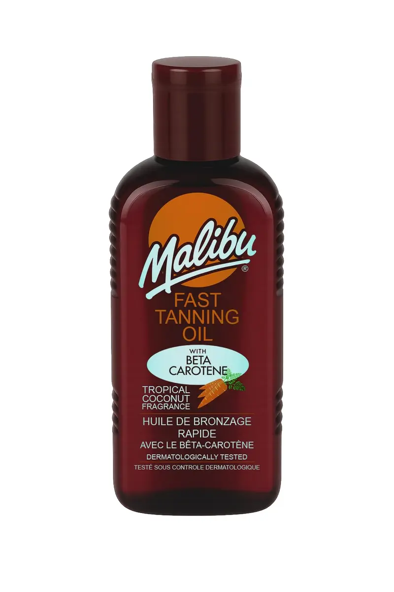 Huile bronzante Malibu Sun Fast – Accélérateur de bronzage 200 ml, carotène & vitamine E, parfum coco, résistante à l'eau, sans cruauté, fabriquée au Royaume‑Uni