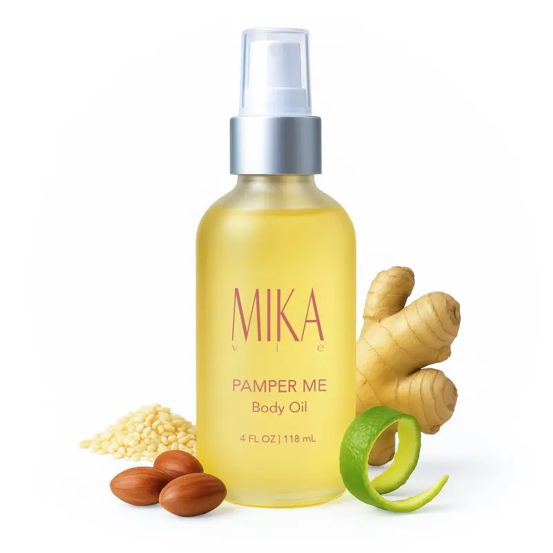 Huile Corporelle Bio Mika Vie Après-Douche – 4oz Sesame & Jojoba, Gingembre & Bergamote | USDA|NOP Certifiée