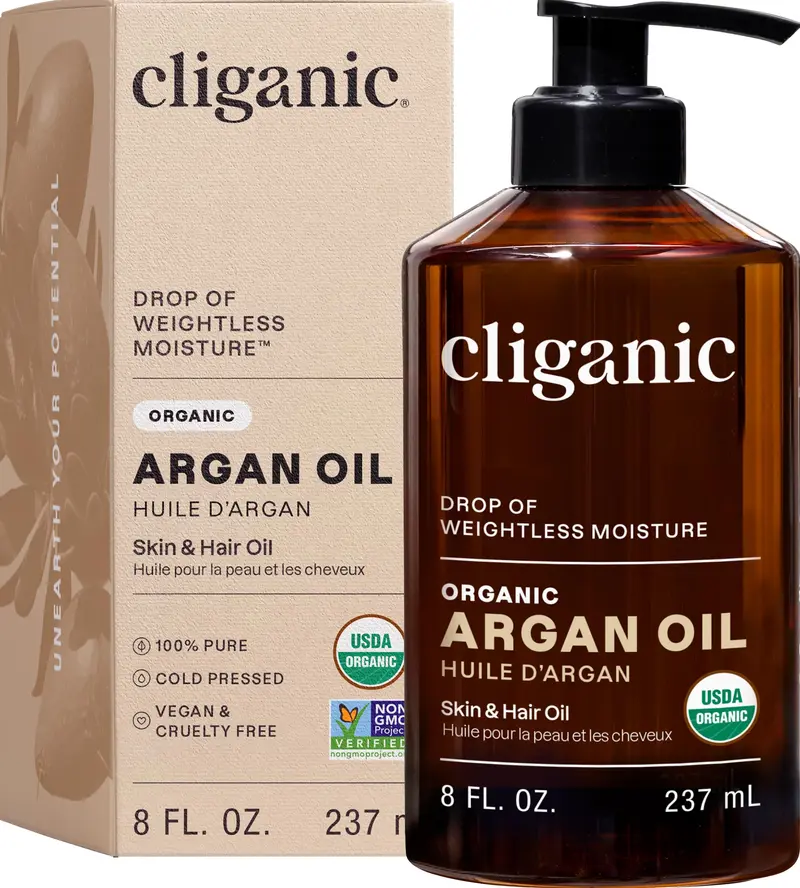 Huile d’Argan biologique Cliganic 8oz avec pompe – Pure à 100% pour cheveux, visage et peau