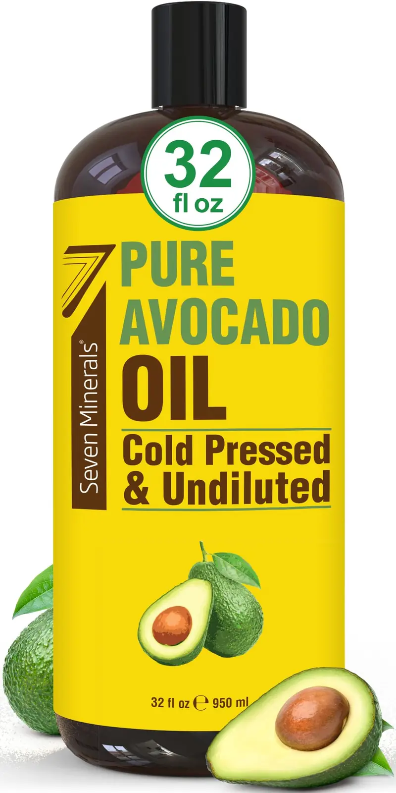 Huile d'avocat pressée à froid Seven Minerals – 32 oz, pure et sans hexane, pour cheveux et peau